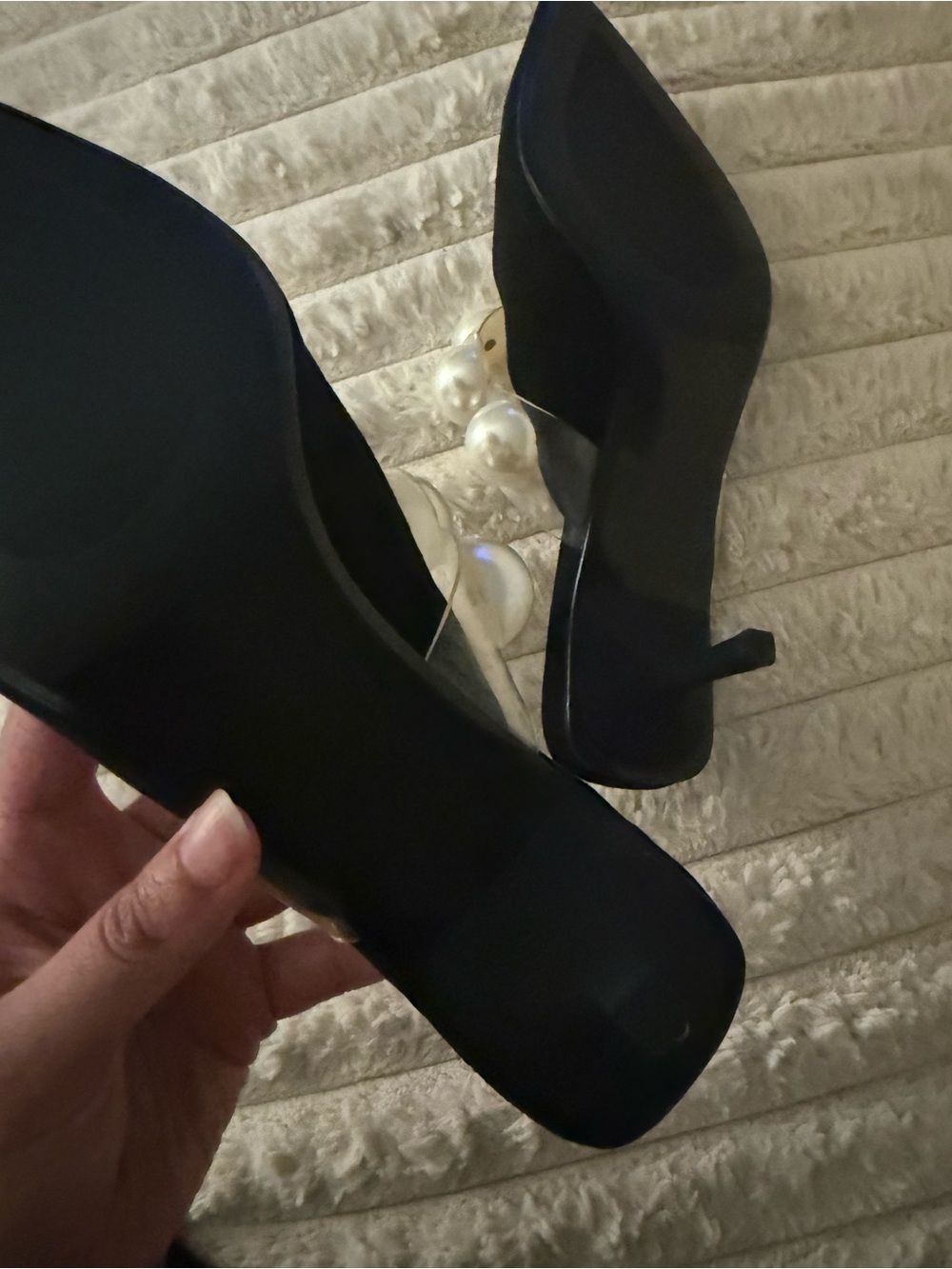 Zara Black Pointed Toe Heels with Pearl Strap - Picture 3 of 3